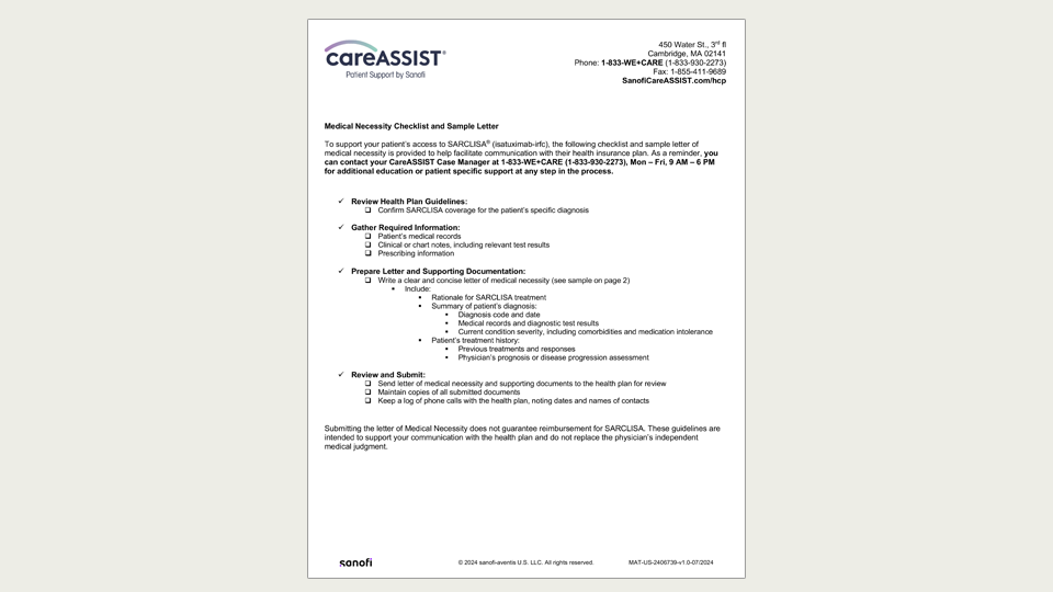 Sample SARCLISA® (isatuximab-irfc) Medical Necessity Letter template for download