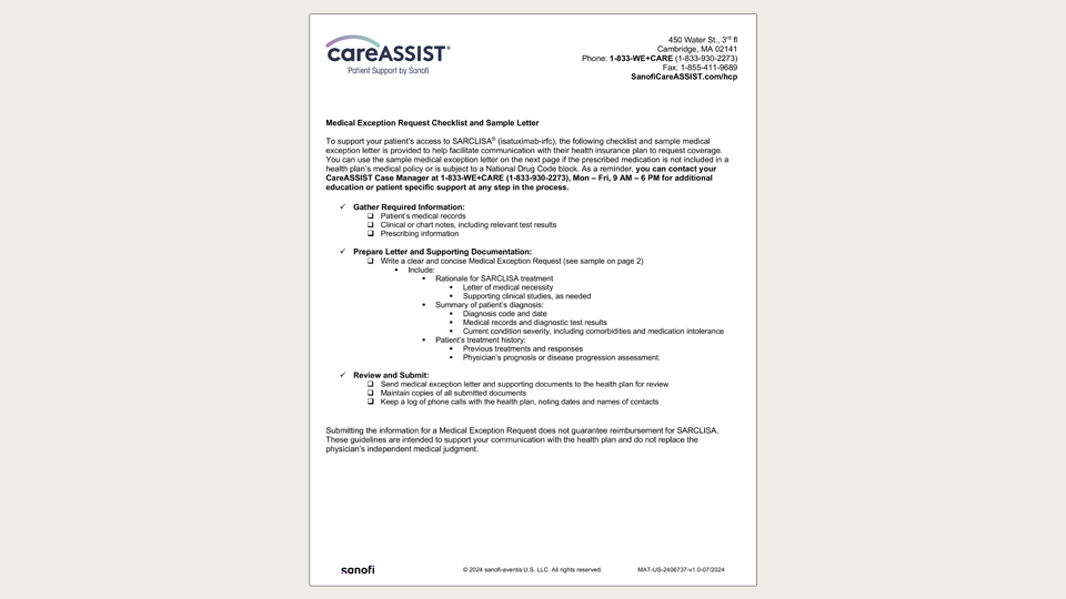 Sample SARCLISA® (isatuximab-irfc) Appeals Letter template for download