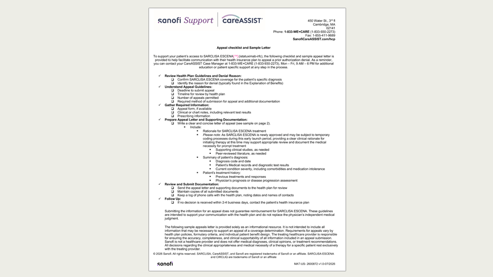 Sample SARCLISA ESCENA™ (isatuximab-irfc)  Appeals Letter template for download