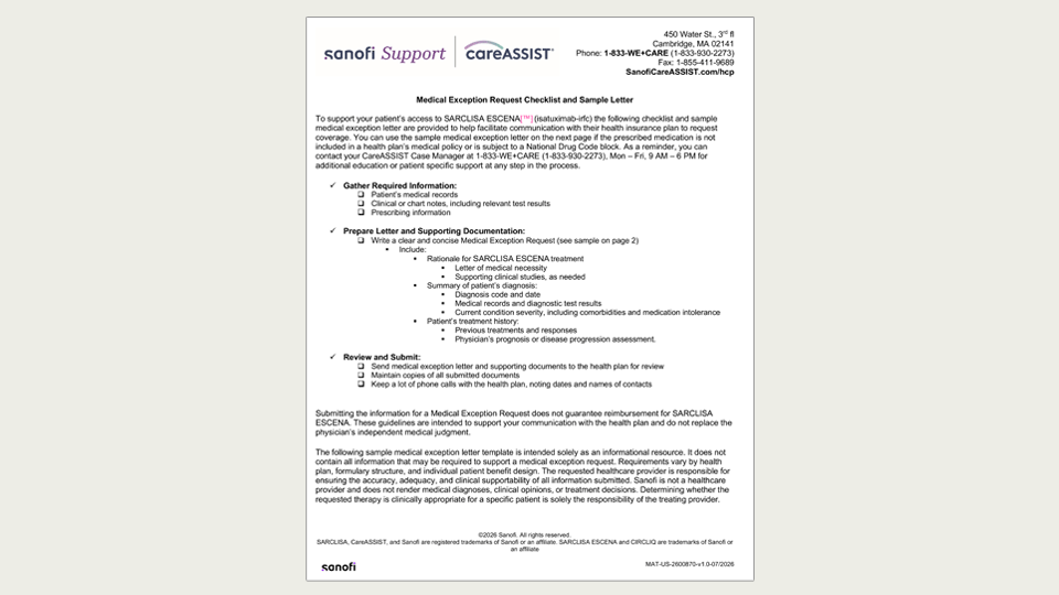 Sample SARCLISA ESCENA™ (isatuximab-irfc)  Medical Exception Letter template for download
