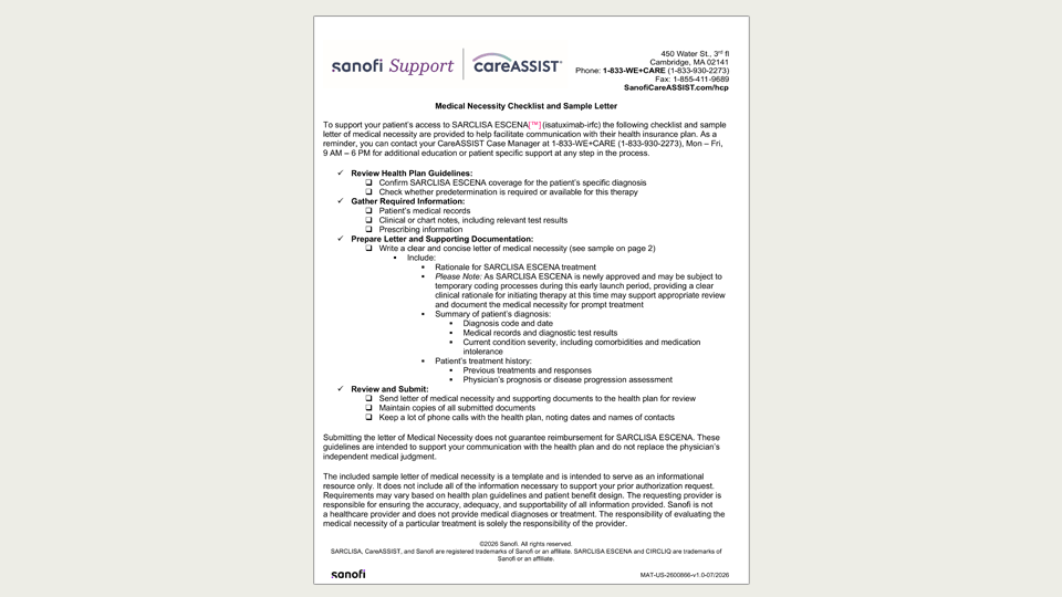 Sample SARCLISA ESCENA™ (isatuximab-irfc) Medical Necessity Letter template for download