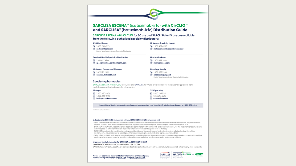 Thumbnail image of SARCLISA ESCENA™ (isatuximab-irfc) and SARCLISA® (isatuximab-irfc) Product Acquisition Flashcard for download