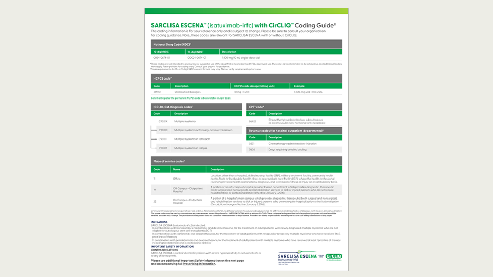 Thumbnail image of SARCLISA ESCENA™ (isatuximab-irfc) Quick Coding Guide for download