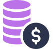 Purple stack of coins and blue dollar sign icon