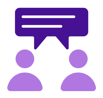 Purple icon of two people having a conversation, a chat bubble between them