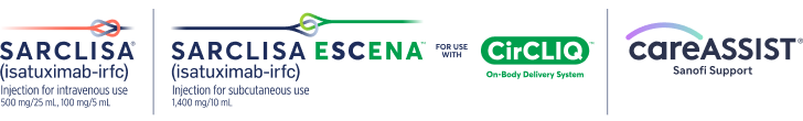 SARCLISA® (isatuximab-irfc) logo, SARCLISA ESCENA™ (isatuximab-irfc) for use with CirCLIQTM logo, CareASSIST® logo