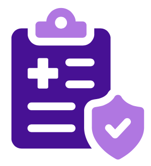 Purple icon of a clipboard and shield