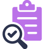 Purple clipboard icon and purple magnifying glass with checkmark icon