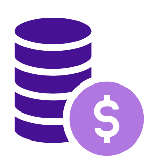 Purple stack of coins and dollar sign icon