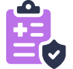 Purple icon of clipboard and blue shield with checkmark